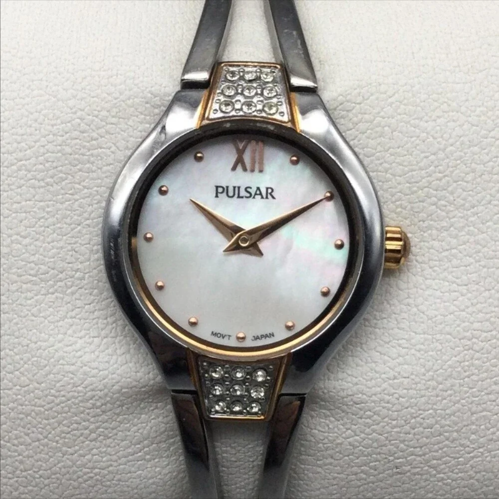 Pulsar Womens Watch 23mm MOP Dial Two Tone Crystal Bracelet New Battery 5.75